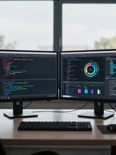 Symmetrical high-contrast shot of a modern tech workspace with dual monitors displaying clean code and system architecture diagrams, cool daylight, sharp focus