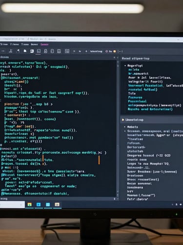 Symmetrical close-up of a modern software development interface on a dark screen, crisp teal syntax highlighting, clean workspace background with cool studio lighting.