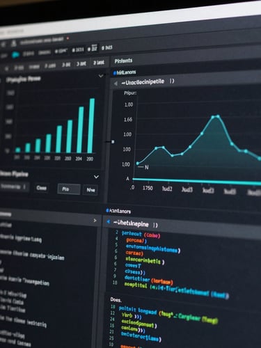 A high-contrast, macro close-up of a clean, dark-mode software interface showing automated data pipelines, crisp teal charts, and structured code blocks under cool studio lighting.