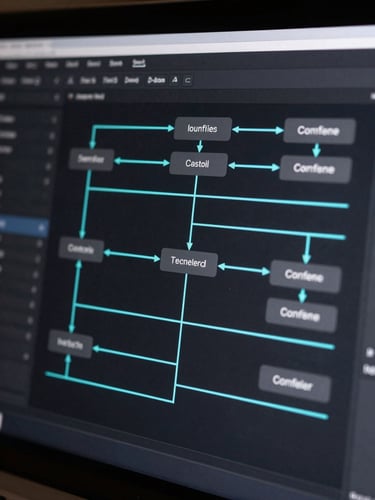 Macro close-up of a clean, dark-mode software dashboard showing automated data flow pipelines, sharp neon teal lines connecting node blocks, neutral studio lighting