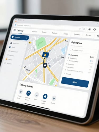 A close-up vertical shot of a tablet displaying a live delivery tracking map and logistics dashboard, clean office background, natural light.