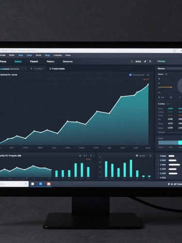 A crisp, high-contrast screenshot of a modern analytics dashboard displaying positive growth curves and conversion metrics, cool studio lighting, symmetrical composition.
