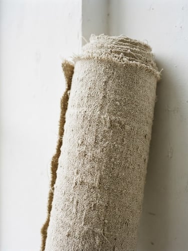 Raw material detail in the artist's studio, heavy-gauge unprimed linen canvas roll leaning against a stark white gallery wall, natural north-facing daylight, sharp focus on textile weave, 50mm
