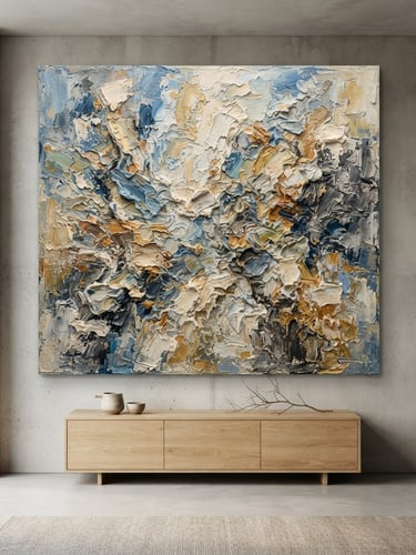 Straight-on wide-angle photo of a large abstract canvas painting with heavy impasto texture hung in a sunlit minimalist concrete living room, soft natural daylight, 50mm