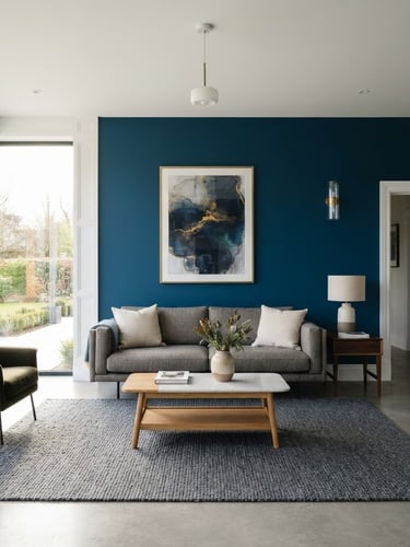 Straight-on architectural shot of a bright modern Irish living room, immaculate deep kingfisher blue feature wall, crisp white woodwork, natural daylight streaming from the left, 35mm