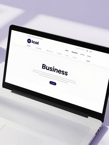 Close-up of a modern laptop screen displaying a clean, highly legible local business website, resting on a bright workspace with soft lavender shadows, natural daylight