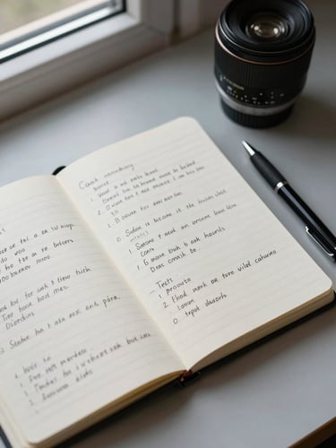 Close-up overhead flat-lay of an open notebook with handwritten campaign notes and metrics, a pen resting beside it, cool window light from the upper left, on a clean pale gray desk surface