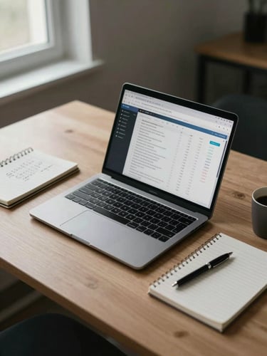 Wide shot of a minimal desk workspace from slightly above, laptop open showing an ad analytics screen, notepad with handwritten numbers beside it, cool window light from the left, no person visible