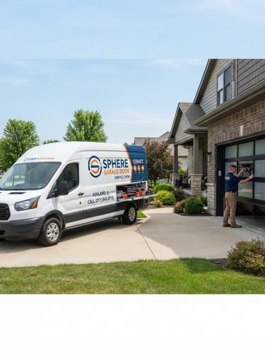 Wide panoramic shot of Sphere Garage Door's Service Crew truck parked in a residential driveway in Ashland, IL, bright natural daylight, clean industrial tones, sharp focus on the truck and a modern garage door.