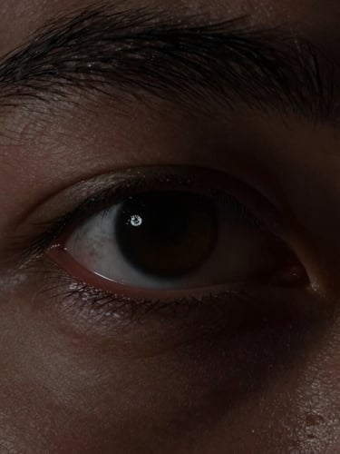 Macro close-up of a human eye in deep focus, low-key dramatic chiaroscuro lighting, single soft light source cutting through deep shadows, dark obsidian tones, cinematic 35mm
