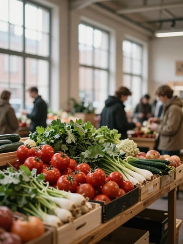 Cozy Scandinavian-style indoor market hall, soft natural light filtering through high windows, wooden tables with fresh organic produce, people browsing in the background, shallow depth of field