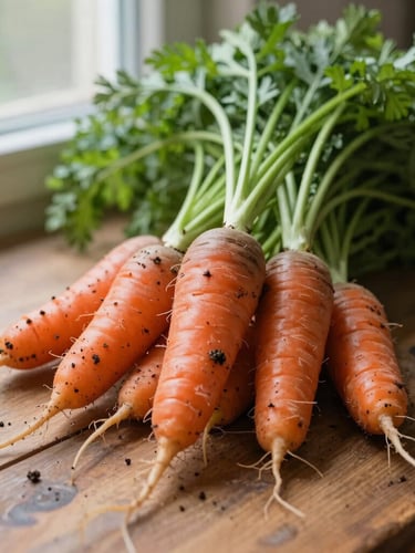 Close-up of freshly harvested heirloom carrots with soil still clinging to their roots, resting on a rustic wooden table in soft morning window light, 35mm