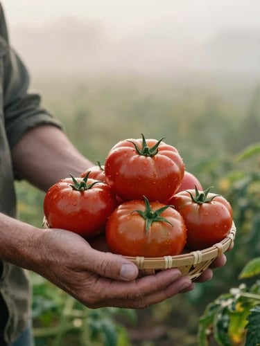 Hands of a farmer gently cradling a basket of freshly picked heirloom tomatoes in a misty field, soft diffused natural side-lighting, warm organic tones