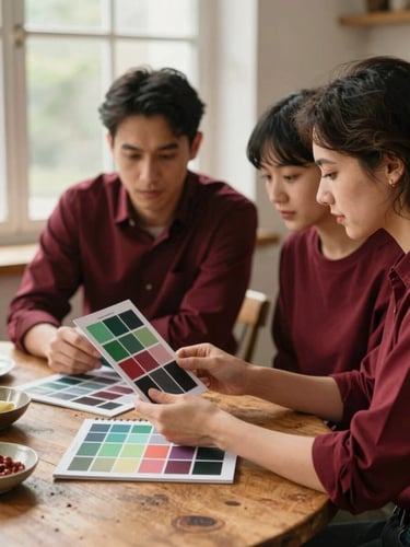 Soft-lit portrait of culinary content creators reviewing a digital mood board on a rustic wooden table, warm natural window light, rich crimson tones, shallow depth of field, 35mm.