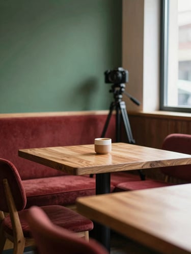 A cozy Scandinavian-style restaurant interior with soft natural side-lighting, warm wood tables, and a camera on a tripod positioned behind the pass.