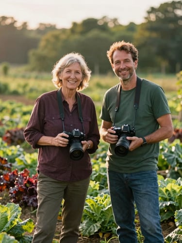 Candid portrait of two creative directors standing in a sunlit organic vegetable farm field, holding professional cameras, soft natural golden hour light, forest green tones, shallow depth of field.