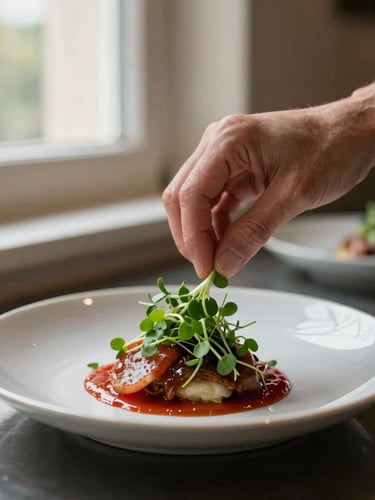 Close-up of hands plating a dish with microgreens under soft window light in a rustic restaurant kitchen, shallow depth of field, 35mm