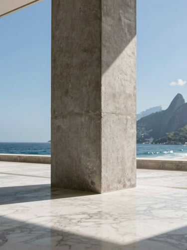Symmetrical low-angle shot of a concrete structural column meeting a polished marble floor in a luxury Rio de Janeiro residence, sharp geometric shadows, bright coastal daylight.
