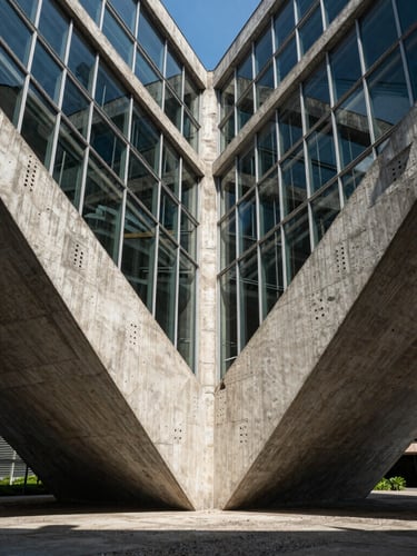 Symmetrical architectural perspective of a reinforced concrete cantilever structure meeting refined glass, sharp geometric shadows under natural Rio daylight