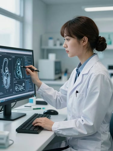 Editorial portrait of a female biomedical engineer in a cool-toned modern clinical space, analyzing medical schematics on a screen, soft blue and slate undertones, natural daylight, sharp focus, 35mm lens.