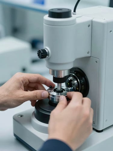 Close-up of hands calibrating a complex biomedical hardware prototype in a clean modern laboratory, cool daylight, slate tones, 35mm lens.