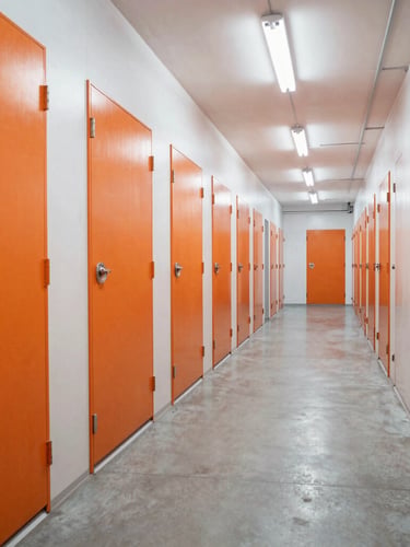 Wide-angle clean interior storage corridor with bright clinical lighting, polished concrete floors, and secure orange steel doors