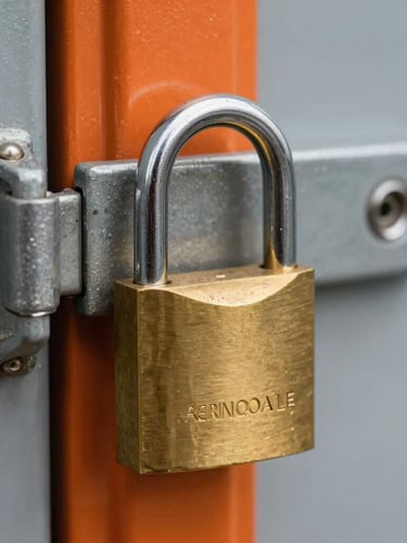 Close-up macro shot of a heavy-duty brass disc padlock securing a steel storage door latch, sharp industrial details, clinical lighting, safety orange door frame.