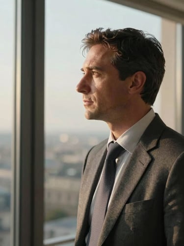 Side-lit medium close-up of a thoughtful executive looking out a high-rise window in Paris, soft natural light, warm gold undertones, professional atmosphere.