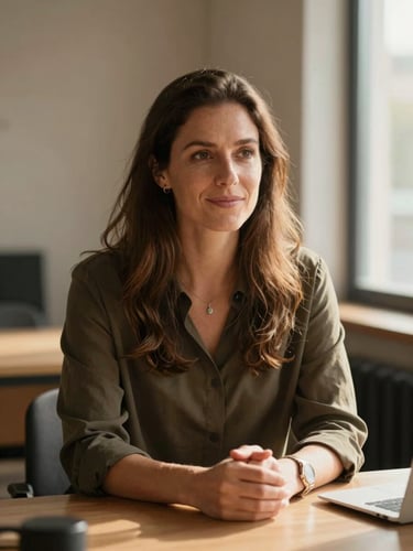 Portrait chaleureux d'une femme coach professionnelle, regard bienveillant et assuré, assise dans un bureau lumineux aux tons chauds naturels, lumière douce latérale venant d'une fenêtre.