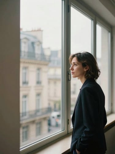 Wide architectural crop, soft side-lit natural light. A professional woman looks thoughtfully out of a large window in a minimalist Paris office, candid expression, warm tones, editorial photography.
