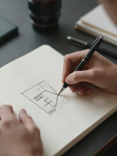 A side-lit close-up of hands sketching a precise layout in a notebook on a dark desk, soft natural light, elegant and quiet composition.
