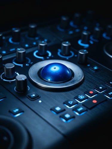 Extreme close-up of a professional color grading console in a dark studio, sharp electric blue backlighting, high-contrast, macro 35mm photography