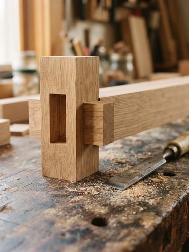 Close-up of a hand-cut mortise and tenon joint in heavy white oak, sharp chisel resting nearby, fine sawdust on a dark oak workbench, warm side daylight, medium format film
