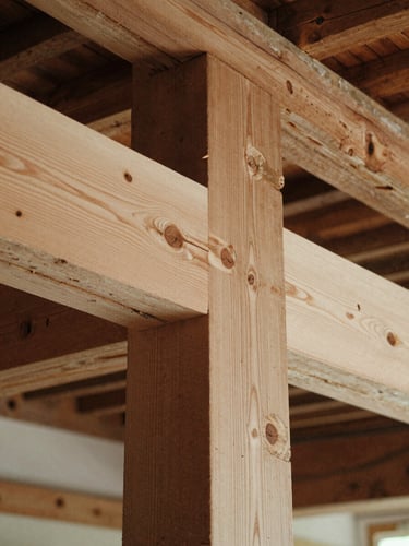 Close-up of a restored historic structural beam joined with a new white oak sister timber, natural daylight showing the contrast of old and new wood, medium format film