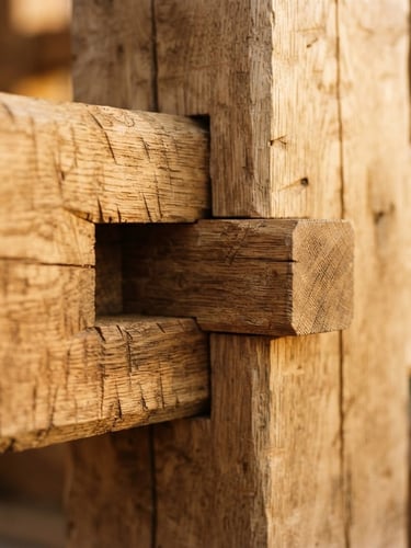 Macro close-up of a hand-cut mortise and tenon joint in heavy white oak timber, golden hour daylight highlighting wood grain and fine chisel marks, shallow depth of field, warm editorial photography.