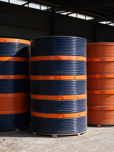 Wide environmental shot of an industrial warehouse in Tete, heavy-duty mining consumables stacked under harsh high-contrast sunlight, 35mm