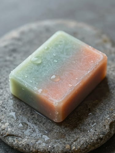 Macro close-up of a solid herbal shampoo bar resting on a damp, textured gray river stone, soft diffused overcast daylight, water droplets, 35mm editorial photography.