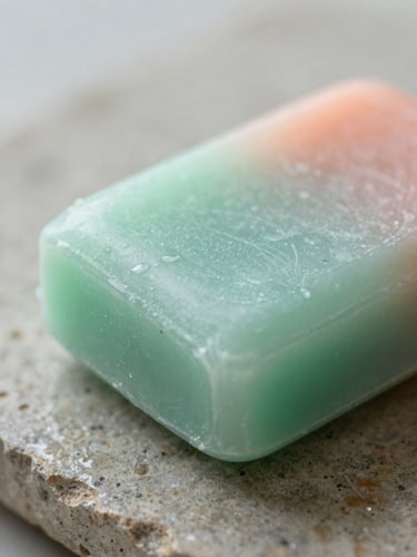 Macro close-up of a solid mint-green shampoo bar resting on raw damp stone, soft overcast daylight, 35mm editorial photography