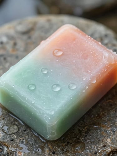 Macro shot of a solid shampoo bar resting on a wet, raw river stone, soft morning light, water droplets, 35mm editorial style