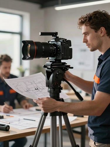 A high-end camera rig on a tripod filming a contractor explaining a blueprint in a sunlit workshop, sharp focus, 35mm lens