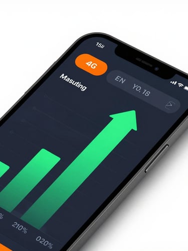 A modern marketing dashboard displayed on a mobile phone, showing green upward lead generation charts, high contrast, clean white-space background