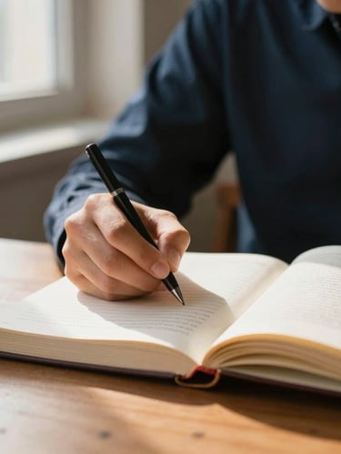 A hands-on academic setting, a close-up of a student's hands taking organized notes in a notebook next to an open classic book, warm natural window light, shallow depth of field, 35mm