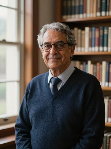 Portrait of Professor Melquiedes teaching, warm academic library lighting, soft natural window light, deep navy tones, shallow depth of field, 35mm