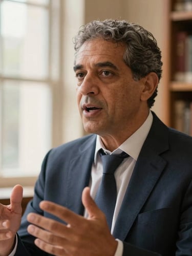 Close-up of Professor Melquiedes speaking passionately, warm academic library background, soft natural window light, expressive hands, shallow depth of field