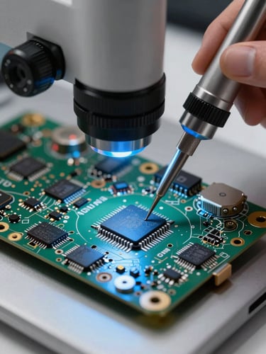 Extreme close-up macro shot of a MacBook logic board under a professional repair microscope, clinical blue lighting, soldering iron tip touching a micro-chip, high-precision technical workbench.