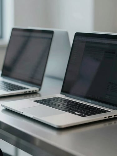 An eye-level medium shot of clean, silver rental MacBooks stacked neatly on a clinical metal service desk, cool bright daylight