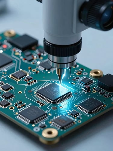 Extreme close-up macro shot of an Apple MacBook logic board under a professional laboratory microscope, cool bright clinical blue lighting, precise diagnostic probes touching a microchip, high-tech repair environment.
