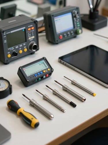 Eye-level medium shot of a clean, organized Apple repair workbench in Kharadi, specialized precision screwdrivers and diagnostic meters arranged neatly next to an open iPad.