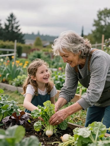 A warm, overcast day in a community garden in Seattle, an older woman and her granddaughter laughing while picking vegetables, soft natural Pacific Northwest light.