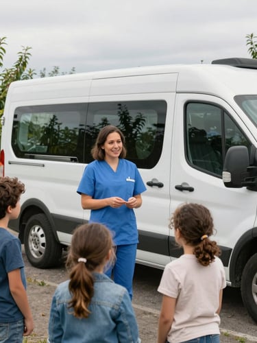 A mobile health van parked near a community orchard in Yakima under soft overcast daylight, a local nurse speaking warmly with a family, natural unposed interaction.